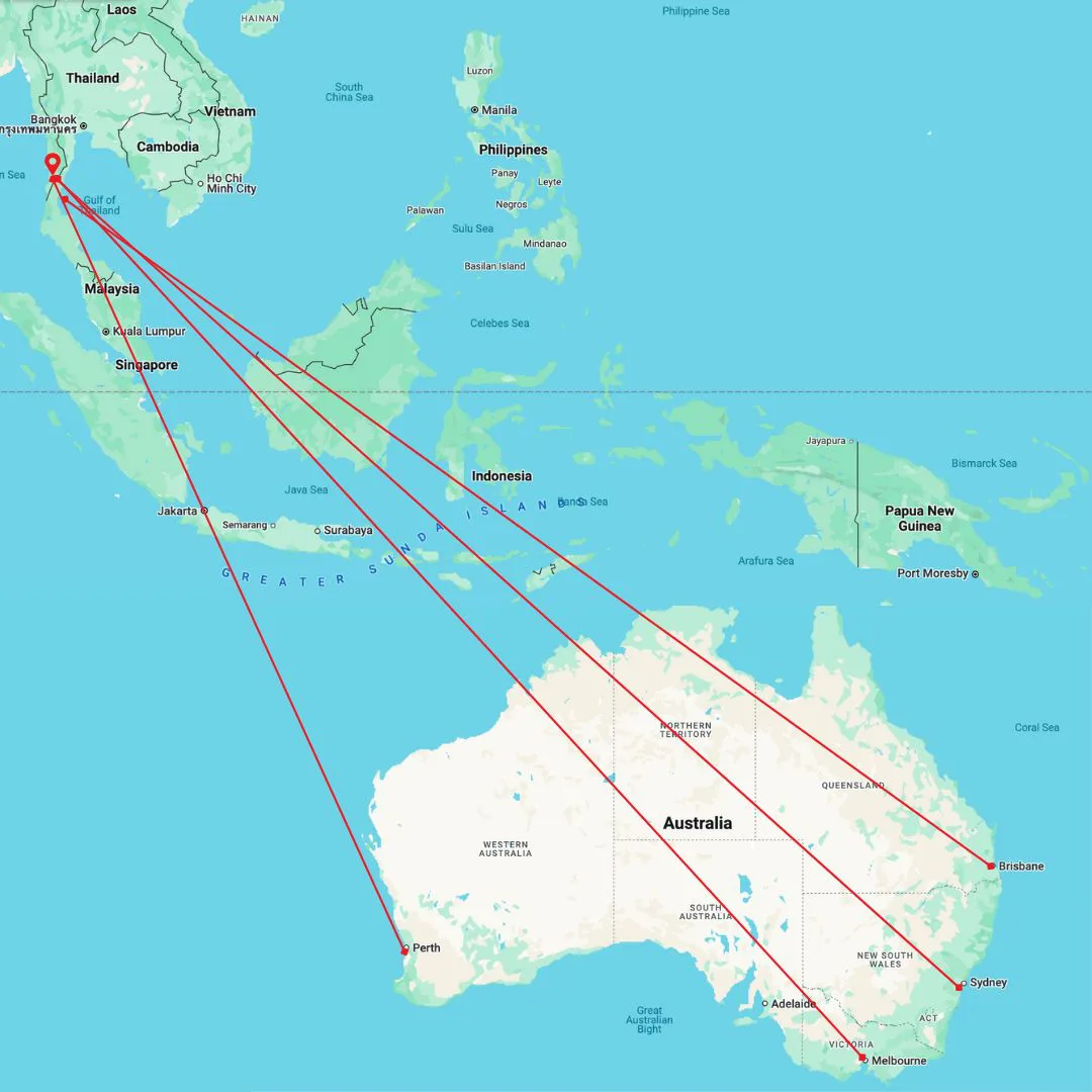 Map of direct flights from major Australian Cities to Phuket in Thailand including Sydney, Melbourne, Brisbane and Perth